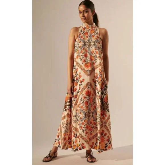 Anthropologie | Dresses | Anthropologie Farm Rio Halter Maxi Dress Autumn  Floral Botanical Size Small | Poshmark